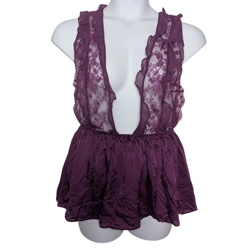 Victoria's Secret Designer Babydoll Lace Lingerie Top Size Large Purple Silk